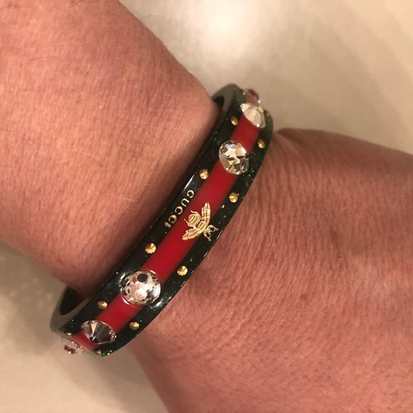 Gucci Open Stripe Cuff with Crystal Bee Red Green - Picture 8 of 16
